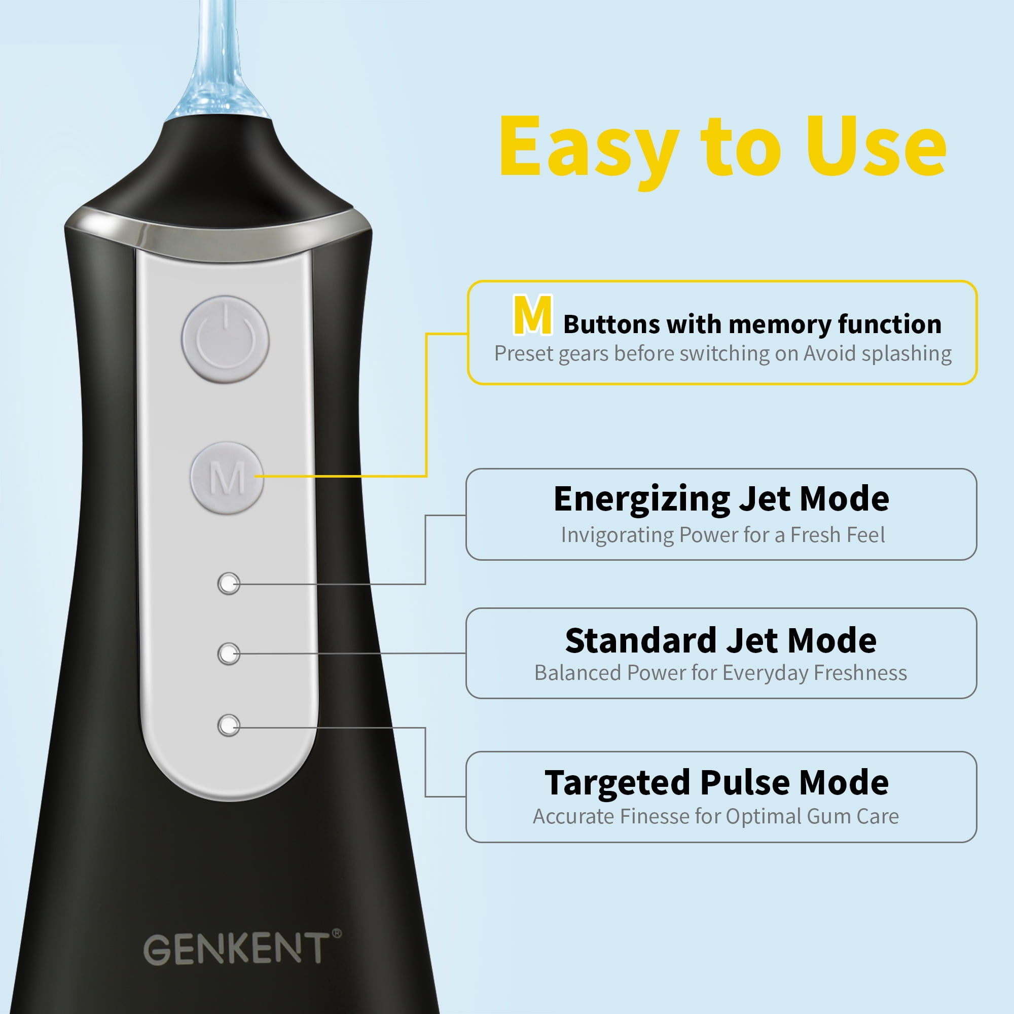 GENKENT Water Flosser for Teeth, Cordless Dental Flosser 3 Modes 5 Tips Rechargeable, Black