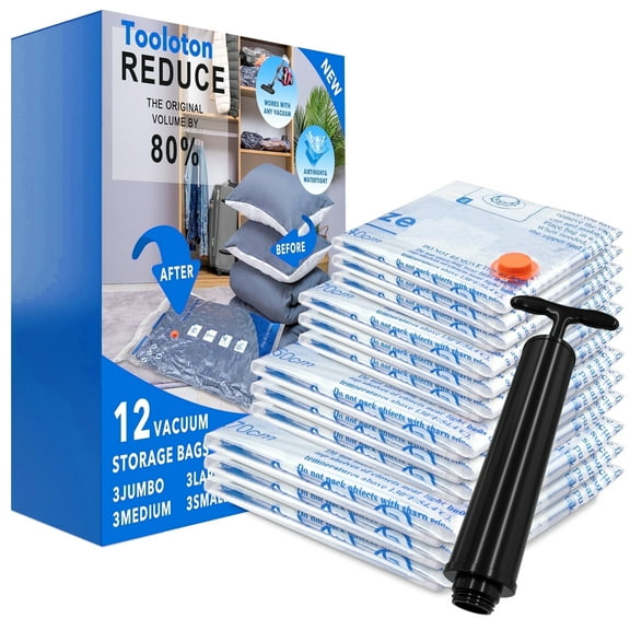 Tooloton Vacuum Storage Bags with Turbo Valve, 12 Pack (3 Jumbo, 3 Large, 3 Medium, 3 Small)