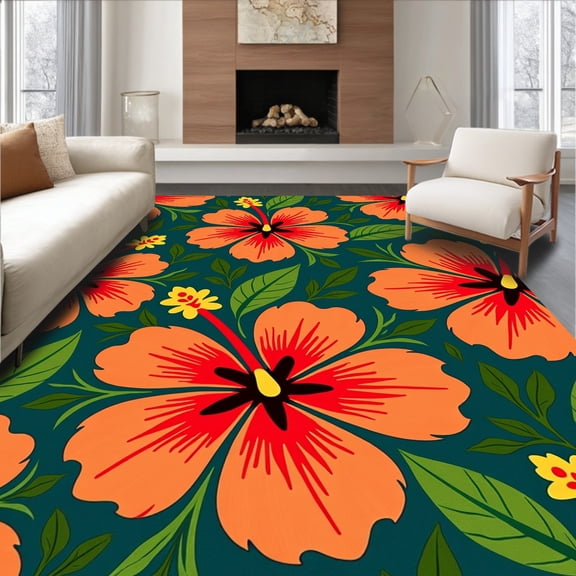 ODIKA 4' x 6' Machine Washable Non-Slip Area Rug, Tropical Hibiscus High Traffic Rug, Orange, 543560