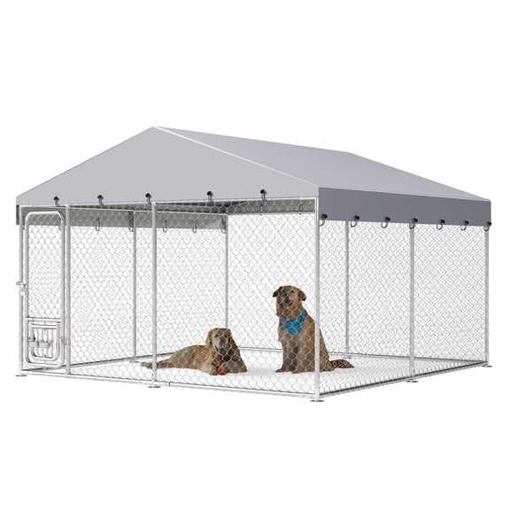 ModFusion 9.8' x 9.8' Large Outdoor Pet Kennel with Weatherproof Canopy, Secure Lock & Adjustable Feeding Bowls – Perfect for Dogs, Cats & More