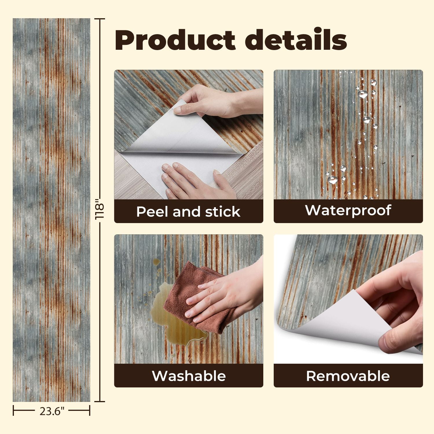 Modern Industrial Rusty Corrugated Metal Texture Vertical Rust Streaks Wall Mural 23.6in x 9.8ft Self Adhesive Removable Wall Paper Renter Friendly Wallpaper for Bedroom Cabinets
