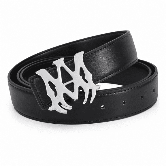 TRISJEM Unisex MA Buckle Belt, Black Synthetic Leather Wide Belt with Openwork Metal Monogram Buckle, 1.38" Casual Dress Street Belt for Men and Women, Waist 33"-43"