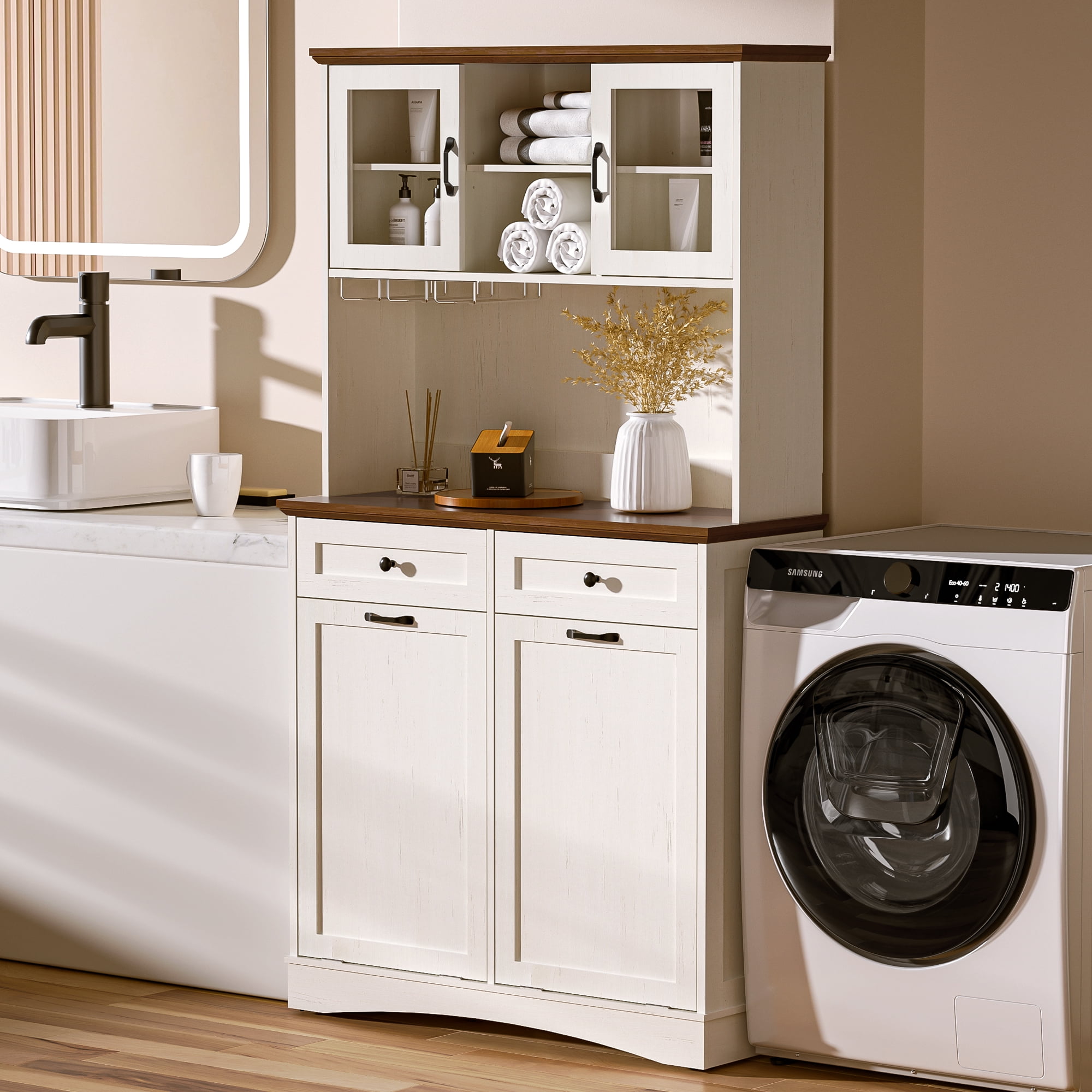 HARIPUL 2-in-1 Kitchen Trash Cabinet & Panty Cabinet, 26 Gallon Garbage Can, Freestanding Double Tilt Out Storage Cabinet w/ Shelves for Kitchen & Living Room, Antique White