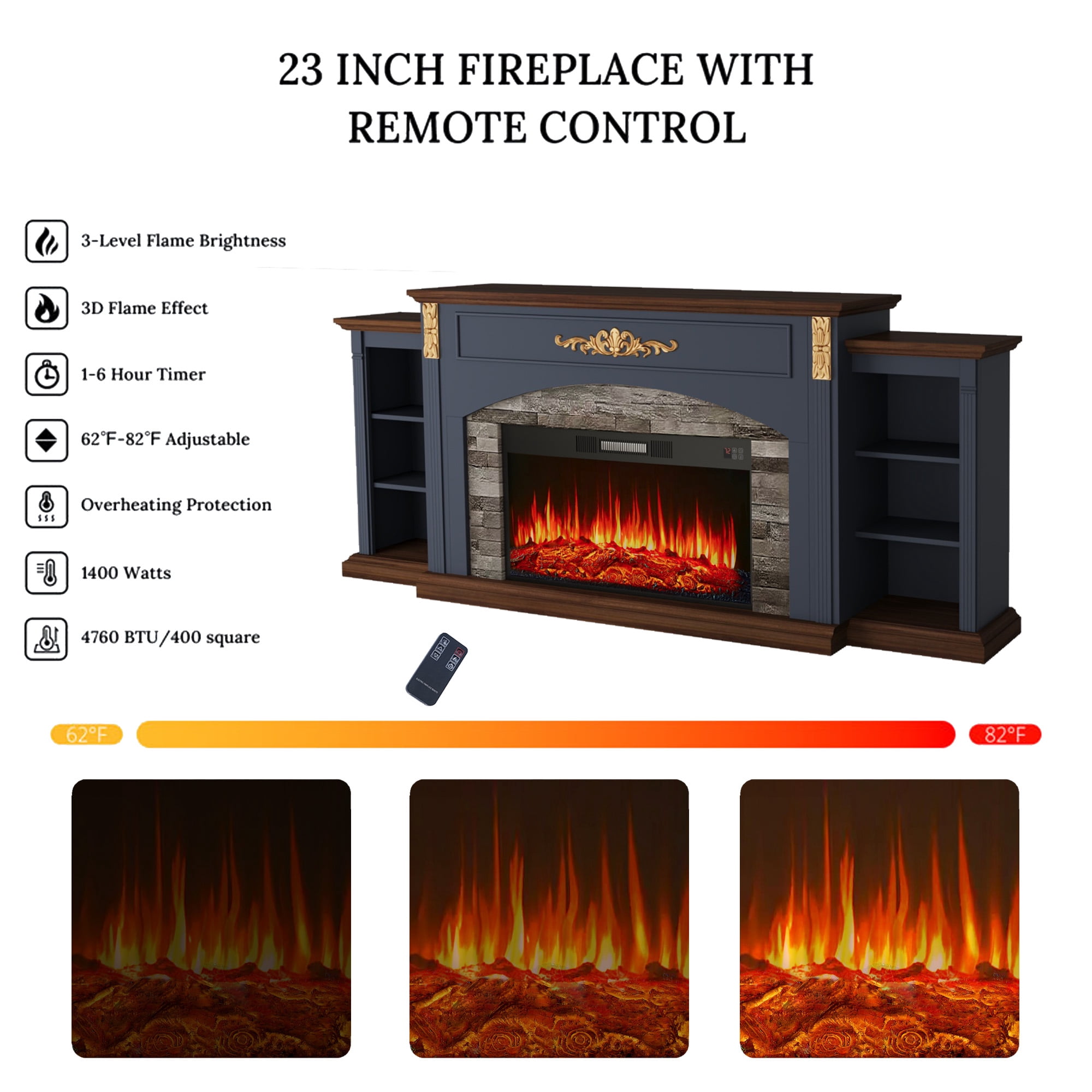 BOSHIRO 80" Blue Electric Fireplace with Mantel, TV Stand Fits 90" TVs, 30" Insert Heater