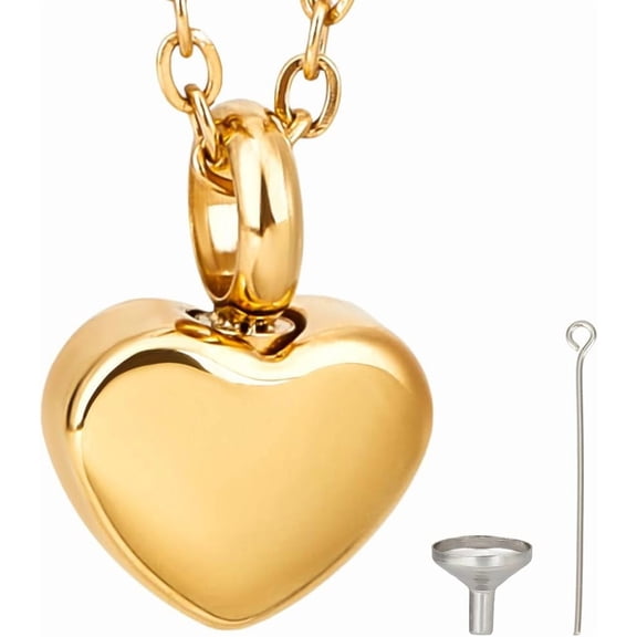 Heart Urn Necklace for Ashes Keepsake Cremation Jewelry Stainless Steel Urns Pendant Mini Urn Jewelry Rose Gold Urn Pendant with Cable Chain Funnel Pin Waterproof for Women Men 12x17mm Gold