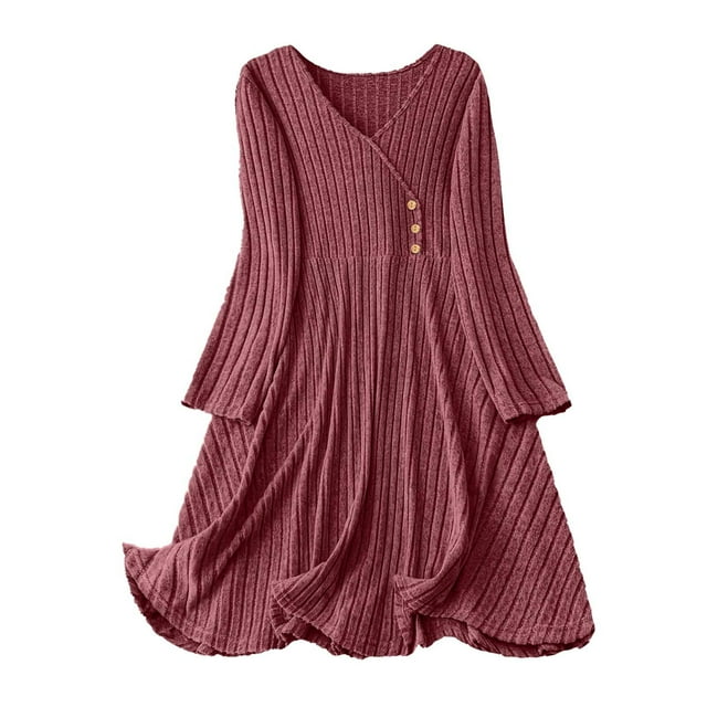 HongQid Womens Fall Long Sleeve Ribbed Knit Dresses Casual V Neck Knee Length Button Down Winter Sweater Dress Trendy