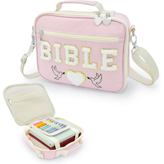 Chenille Letter Bible Case for Girls - Large Study and Church Bag Cover Purse Fits All Bibles - Cute Christian Carrying Tote with Shoulder Strap - Faith Accessories Gift for Teens and Women - Pink