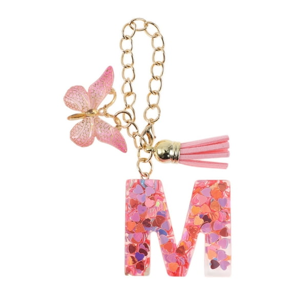Unique Bargains 1 Pc Heart Sequin Letter M Butterfly Tassel Pendant Water Cup Pendant Pink Metal Resin