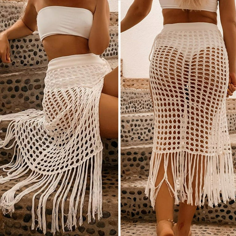 Qolati Women Sexy Hollow Out Mesh Tassle Skirts Beach Crochet Cover Up Summer Fish Net Swimsuit Wrap Sheer Maxi Fringe Skirt, Women's, Size: Large