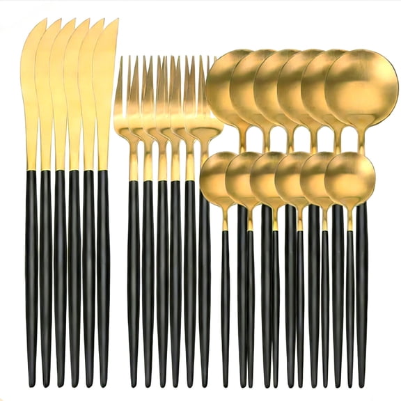 Matte Gold Silverware Set Spoons and Forks Knives Set Golden Utensils Service for 6 Stainless Steel Black Cutlery Kitchen Flatware Set
