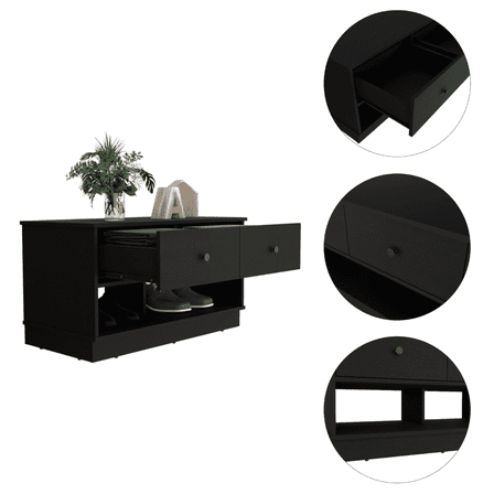 Newboti Furniture Hamilton Storage Bench, Two Open Shelves, Two Drawers -Black 31554