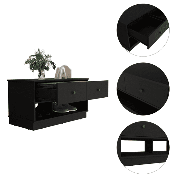 Newboti Furniture Hamilton Storage Bench, Two Open Shelves, Two Drawers -Black 31554
