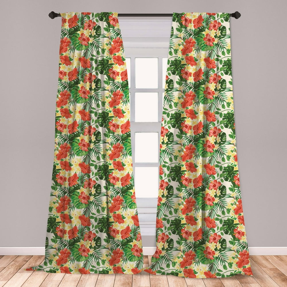 Tropical Curtains 2 Panels Set, Exotic Pattern with Plumeria Hibiscus