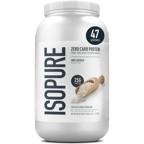Isopure, Zero Carb 100% Whey Protein Isolate, 25g Protein Powder, Unflavored, 3 lb, 47 Servings