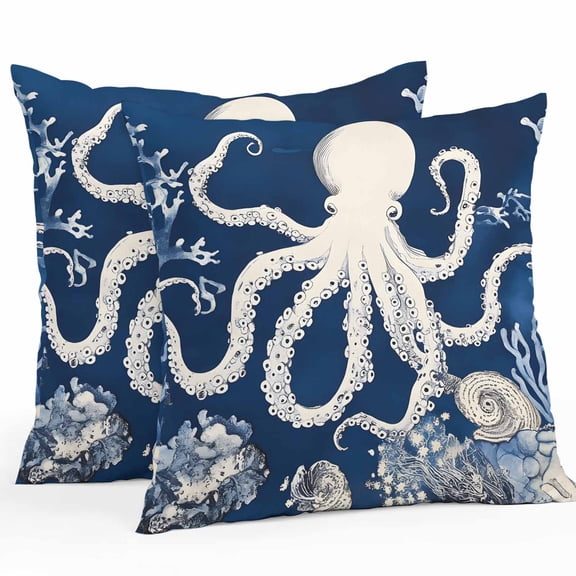 Throw Pillow Covers 18x18 Inch Set of 2, Beige Octopus Coastal Waterproof Outdoor Pillow Covers, Navy Blue Nautical Ocean Coral Decorative Cushion Pillowcases for Couch, Sofa, Bed, Garden, Patio