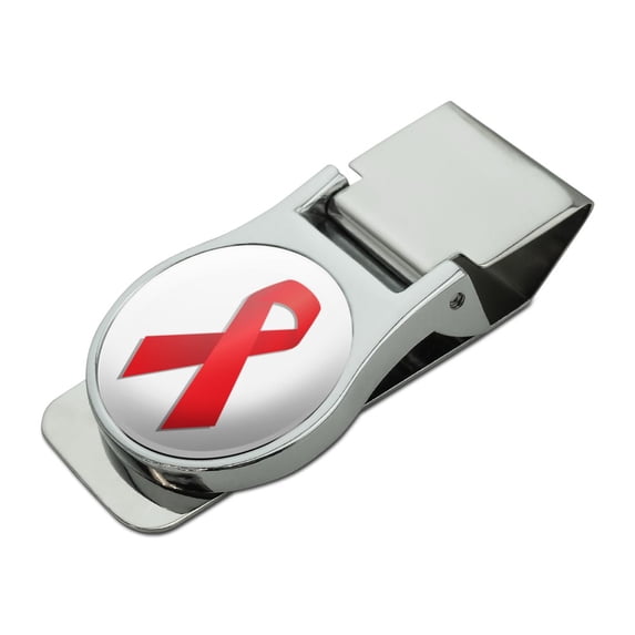 Red Awareness Ribbon Drug Free HIV AIDS Satin Chrome Plated Metal Money Clip