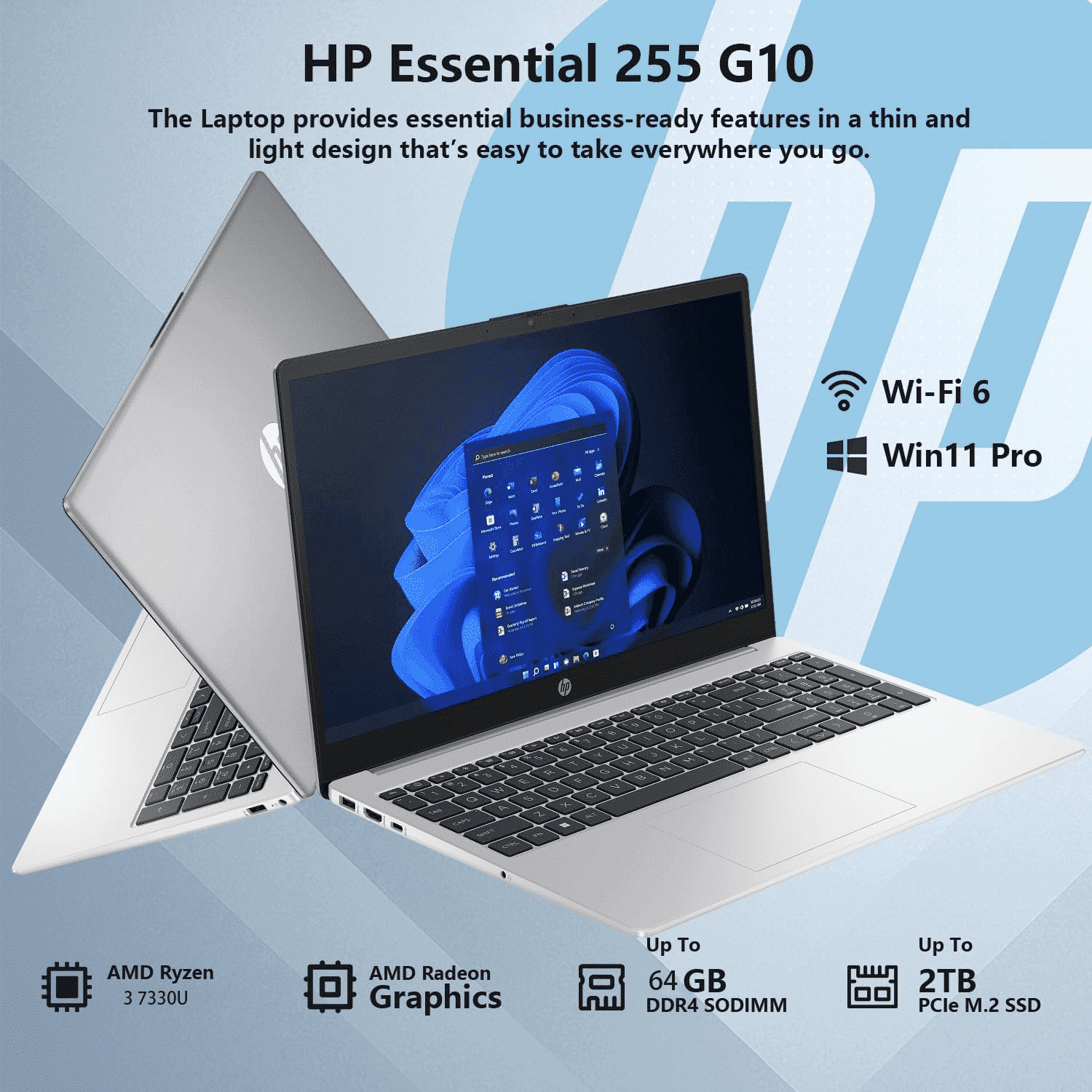 HP 255 G10 Business Laptop, 15.6" FHD, Ryzen 3 7330U up to 4.3GHz, 16GB RAM, 512GB SSD, Wi-Fi 6, Windows 11 Pro, w/Accessories