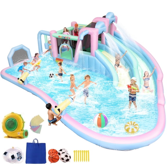 Adnoom Inflatable Water Slide with 2 Long Slide&Large Splash Pool,21ftx14ft Mega Water Park w/950W Blower for Big Kids 3~10,Wet&Dry Bounce House W/Jumping Area, Basketball Hoop,Water Gun,Soccer Goal