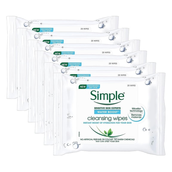 Simple Water Boost Hydrating Cleansing Wipes - 25 Wipes x 6 Pack 150 Wipes