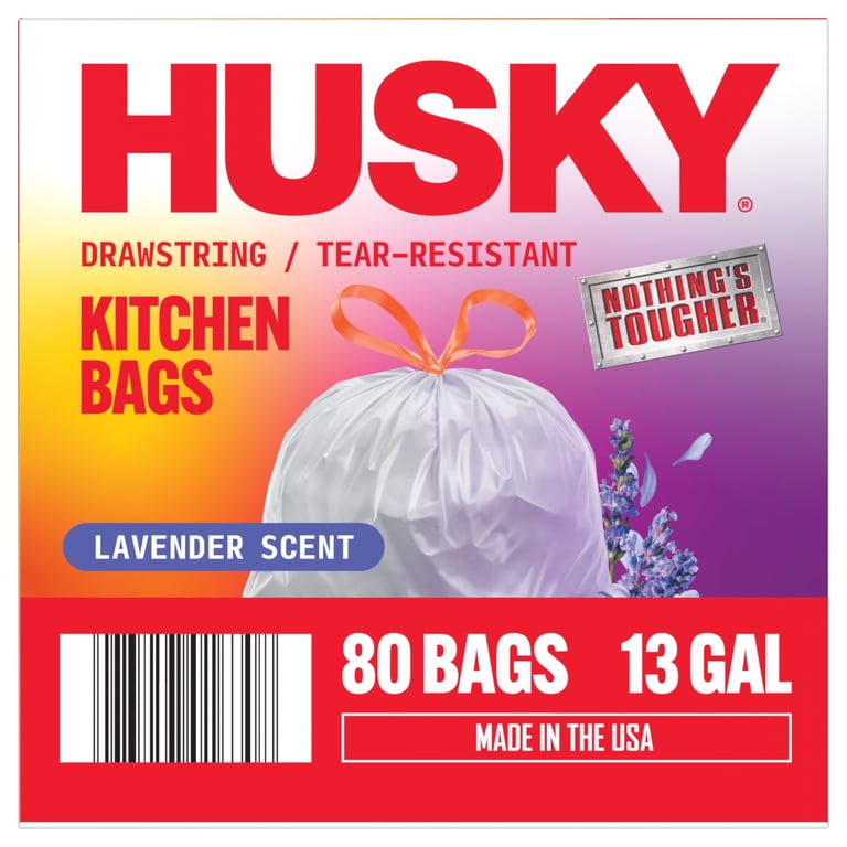 Husky 13 Gallon Tall Kitchen Drawstring Bags, Lavender Scented, 80