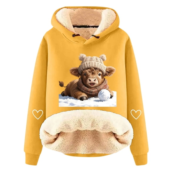 DHFJKG Sweatshirt For Women Thick Fuzzy Lining Cow Print Long Sleeve Hooded Pullover Warm Winter Insulated Sweatshirt With Cute Animal Graphic For Outdoor Daily Wear Trendy Tops