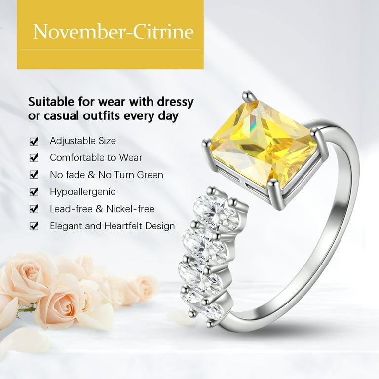 Beautlace 925 Sterling Silver Birthstone Ring Adjustable Square Zirconia Band Ring Jewelry Gifts for Women
