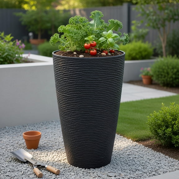 Resenkos 21 Inch Tall Round Black Plastic Planters Set of 2 with Drainage Holes – Weather-Resistant PP Flower Pots for Indoor & Outdoor Use