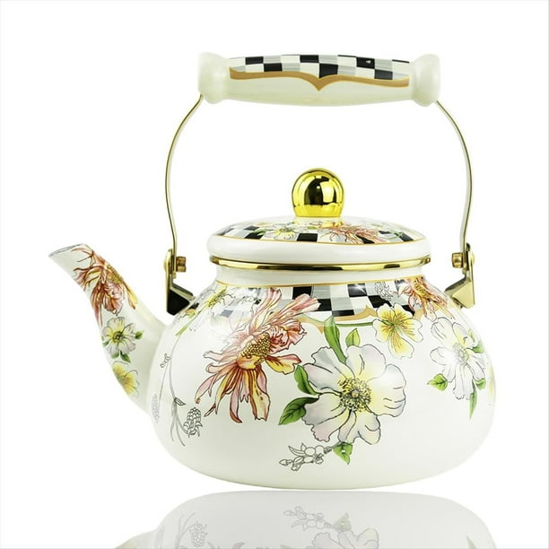 Tetera de Porcelana con Esmalte Floral, Ideal para Calentar Agua y Decorar la Cocina.