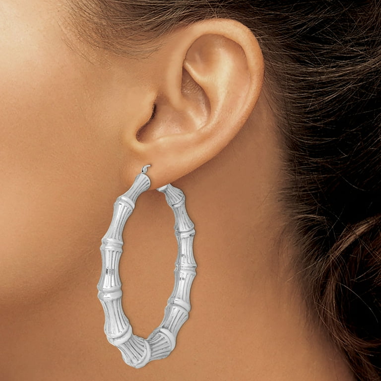 Sterling Silver Large Rhodium Plated Bamboo Hoop Earrings 75x70 mm