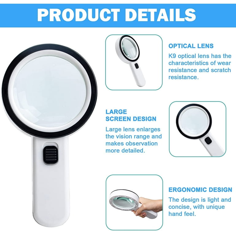 LED Magnifier, 5x, 3.2 Inch, Powerful Double Glass Lens Reading