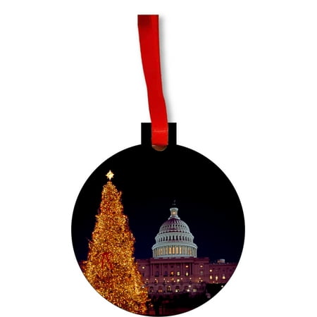 The United States Capitol Building on Christmas Eve - Washington D.C. Round Shaped Flat Hardboard Christmas Ornament Tree Decoration - Unique Modern Novelty Tree Décor
