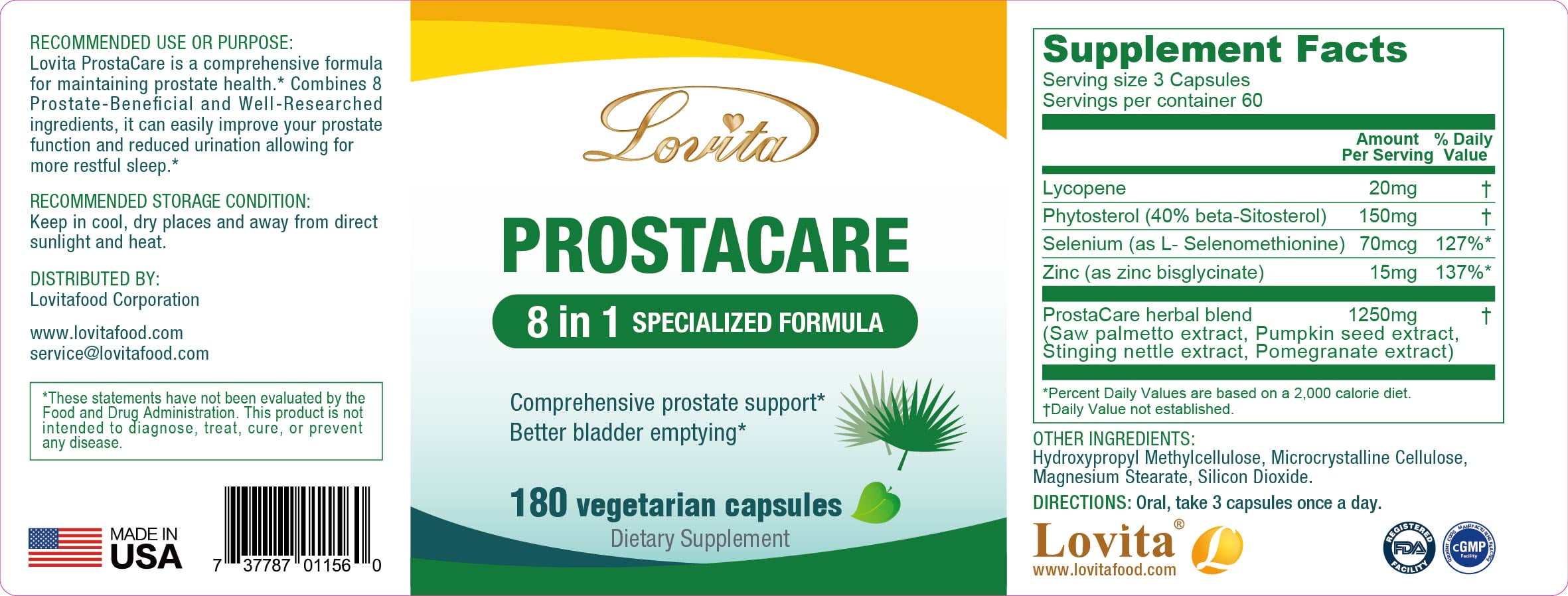 Lovita Prostate Health 8 in 1 Exclusive Prostate Supplements for Men with Saw Palmetto, Stinging Nettle, Lycopene 180 Veggie Capsules (Pack of 3)