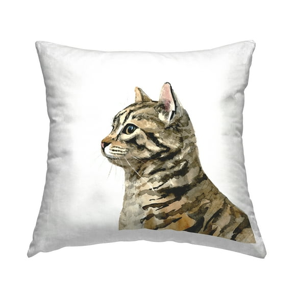 Stupell Industries Casual Striped Cat Portrait Minimal White Background Design by Victoria Barnes Throw Pillow