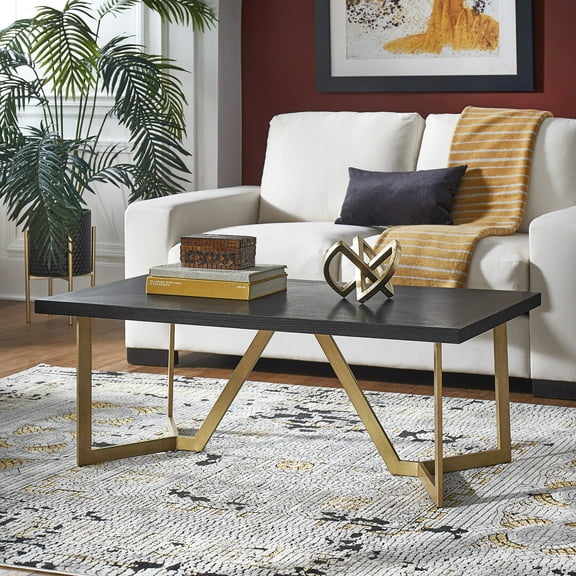 Weston Home Marquis Modern Wood and Metal Rectangle Coffee Table, Black/Gold