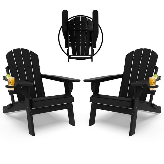 Pipopa Outdoor Folding HDPE Adirondack Chair Set of 2 with Cup Holder,All-Weather Patio Chair for Garden,Backyard,Pool,Black