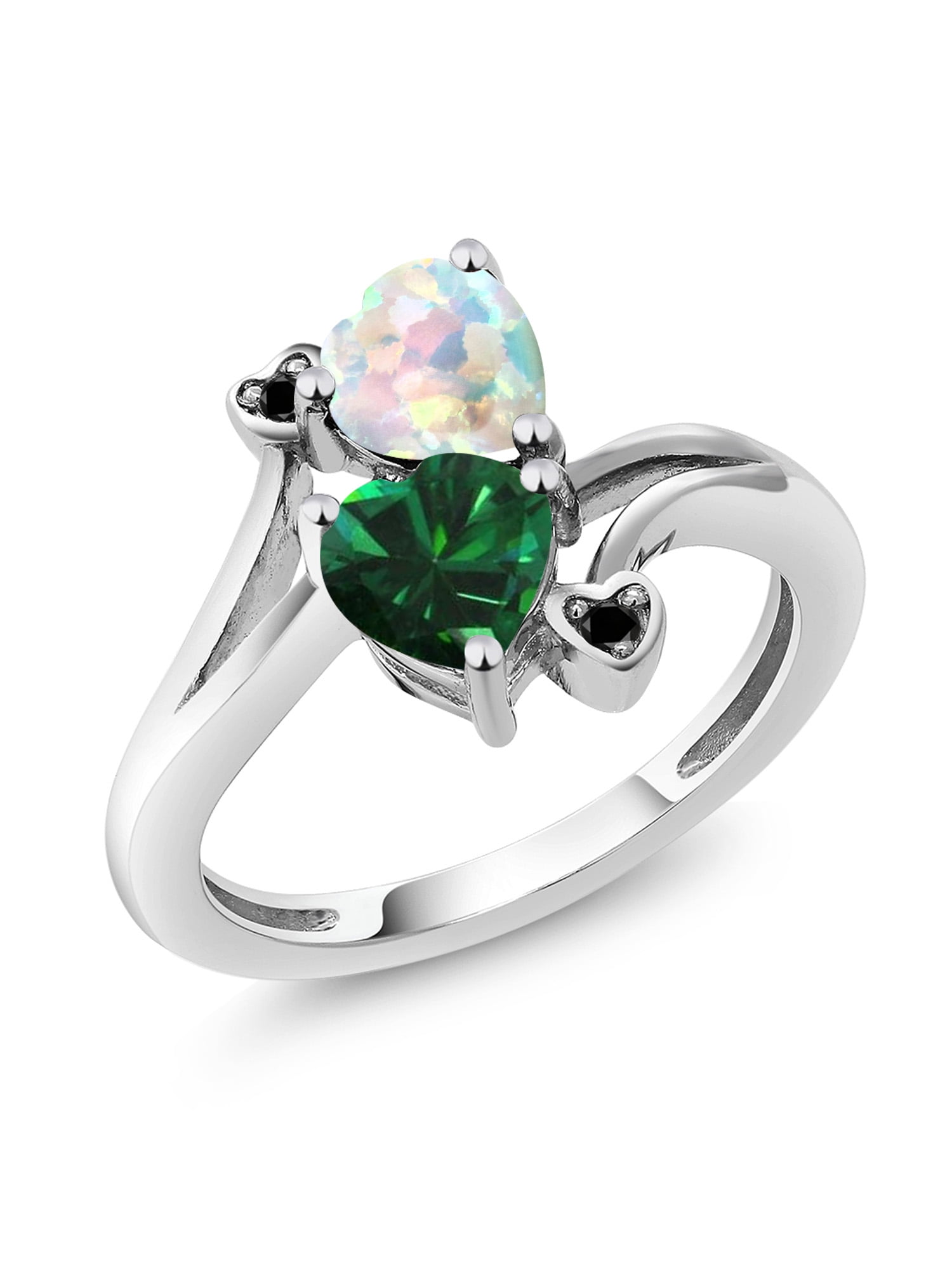 1.46 Ct Green Simulated Emerald White Simulated Opal 10K White Gold Ring by