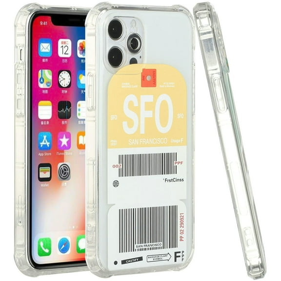 for Apple iPhone 12 /12 Pro (6.1") Airplane Travel Boarding Pass Tags Design Transparent TPU Shockproof Protective Cover ,Xpm Phone Case [SFO - San Francisco]