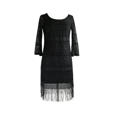 as u wish black metallic 3/4-sleeve laser cut fringed-hem shift dress