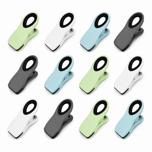 Magnetic Chip Bag Clips 12 Pack, Food Bag Clips for Chips Snacks Bread Coffee, Reusable Kitchen Sealing Clips, Light Blue Green White Gray