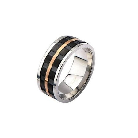 Inox Jewelry Stainless Steel / Rose Gold Groove Spinner Ring (Black, Size 9)