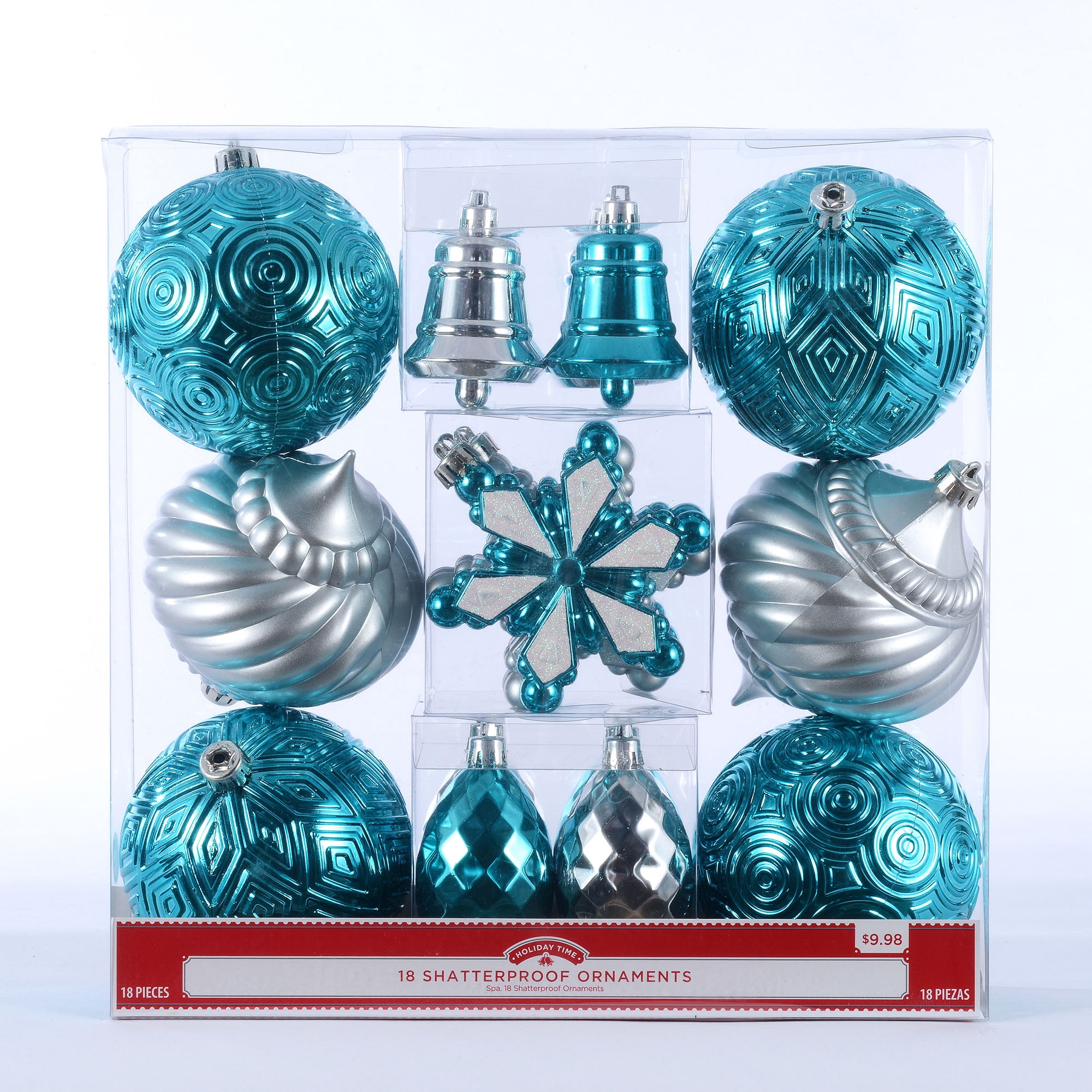 Holiday Time Shatterproof Ornaments, Teal and Silver, 18 Count