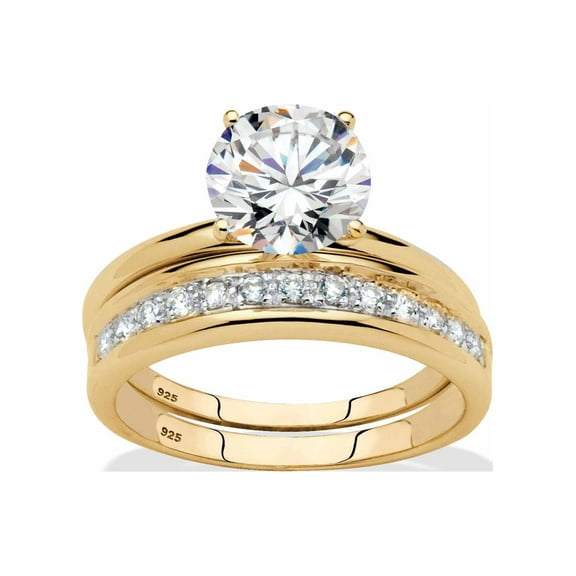PalmBeach Jewelry Round Cubic Zirconia 2-Piece Solitaire Wedding Ring Set 2.20 TCW in Yellow Gold-Plated or Platinum-Plated Sterling Silver