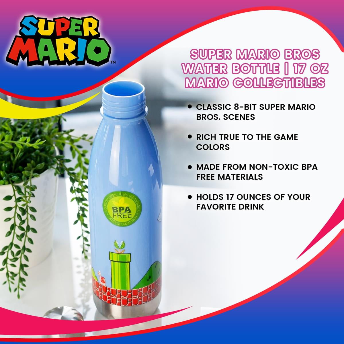 Super Mario Power Up Metal Water Bottle Nintendo Collectible