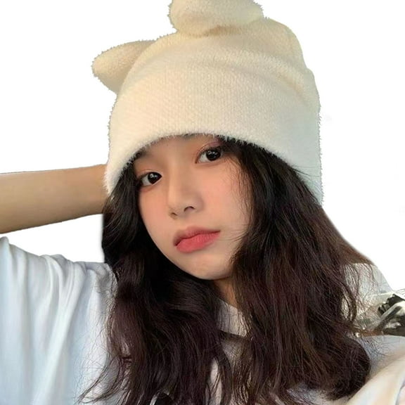 Qisuw Windproof Fluffy Hat for Students Bunny Ear Shape Foldable Plush Winter Hat Bunny Ear Shape Keep Warm Ear Protects Hat