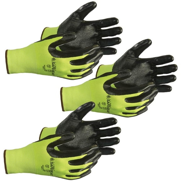 SAFEGEAR Nitrile Gloves Large, 3 Pairs - ANSI Level A2 Cut-Resistant Black Nitrile & Lime Green Elastic Knit Gloves, Latex Free, Work & Gardening Gloves for Men and Women