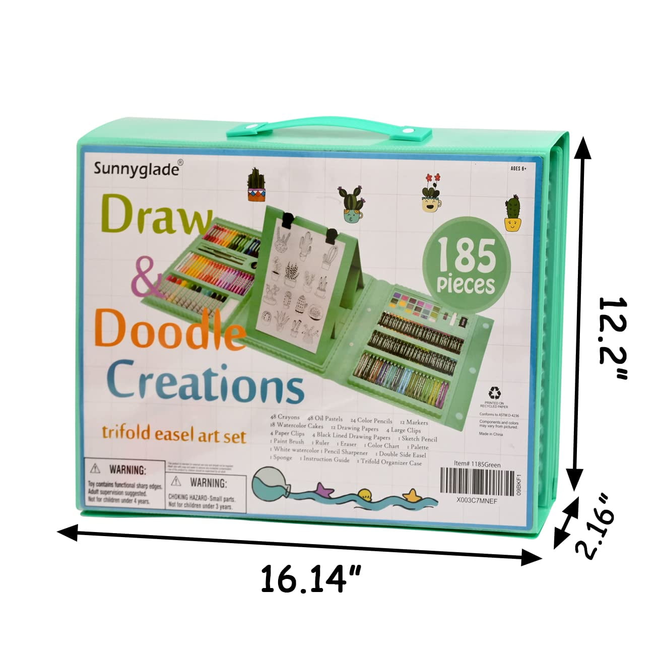 Bibana 185 Pieces Double Sided Trifold Easel Art Set, Drawing Art Box with Oil Pastels, Crayons, Colored Pencils, Markers, Paint Brush, Watercolor Cakes, Sketch Pad (Green)