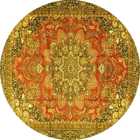 Ahgly Company Machine Washable Indoor Round Medallion Yellow Traditional Area Rugs, 4' Round