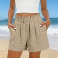 thumbnail image 2 of Brnmxoke Womens Linen Pants Short Length Plus Size Casual Ruffled Elastic High Waist Shorts Summer Baggy Beah Vacation Shorts with Pockets Khaki,S, 2 of 9