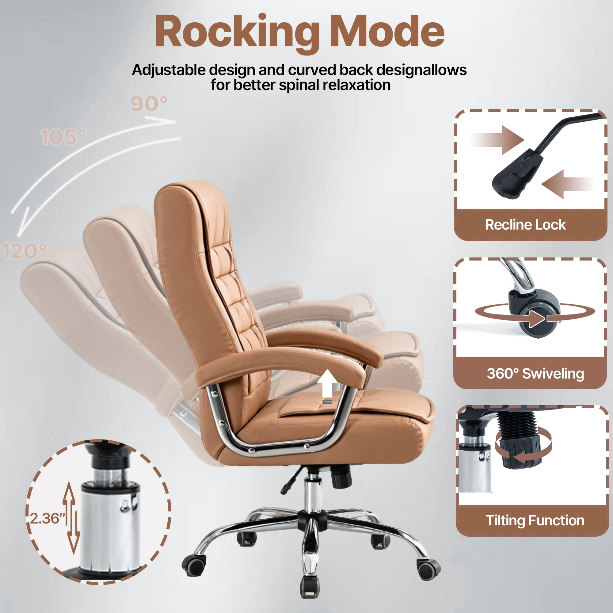 MOONMISS Executive Office Chair Adjustable Leather Chair High Back Swivel Office Desk Chair with Padded Armrest for Home Office,Camel