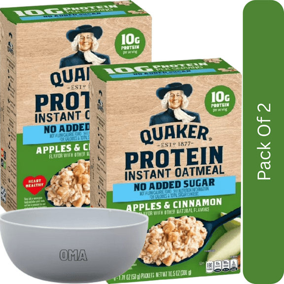 Quaker Protein No Added Sugar Instant Oatmeal – Apple & Cinnamon (10.5 oz Box)- 2pk, With White Bowl By OMA